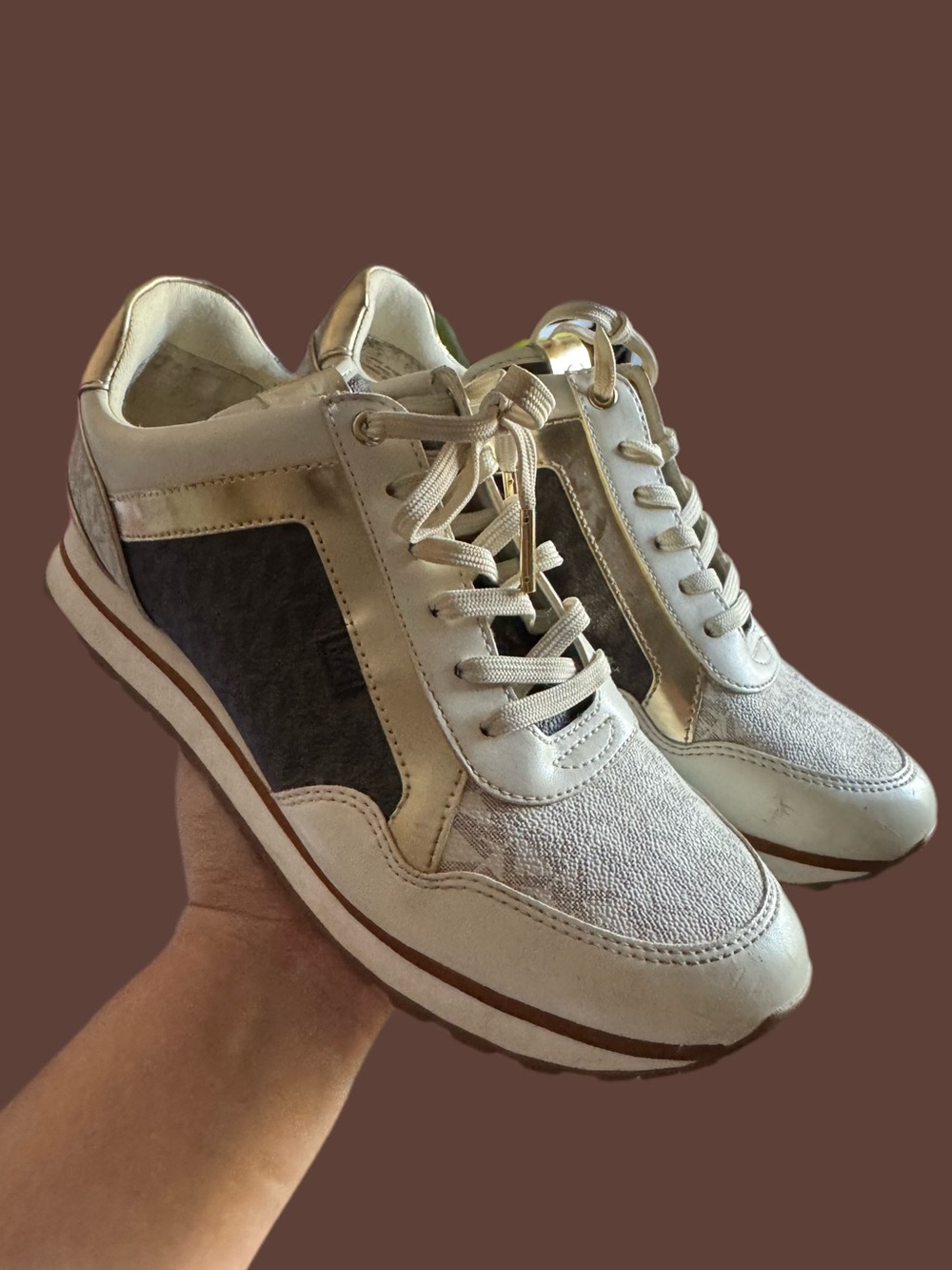 Michael Kors Cream and Brown Leather-Trim Lace-Up Sneakers